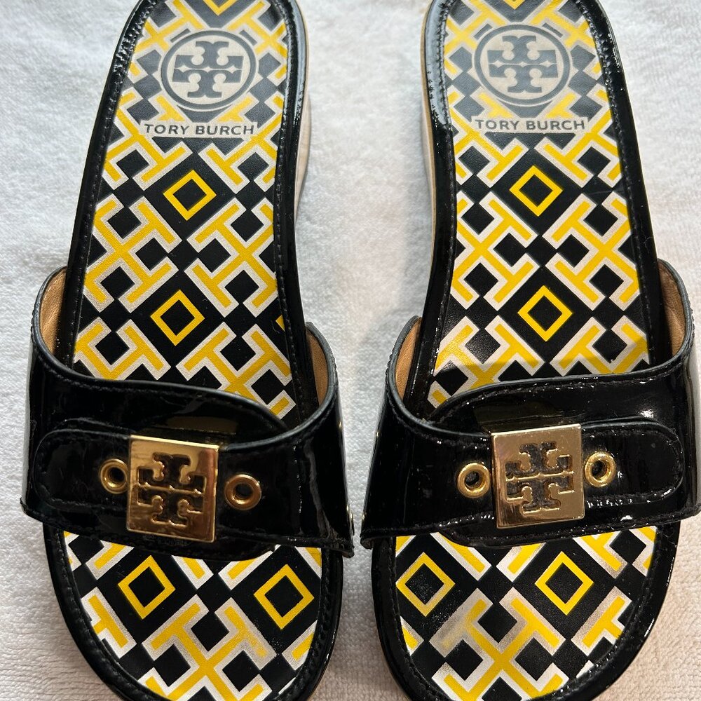 Tory Burch sandals wood platform clogs with gold buckle